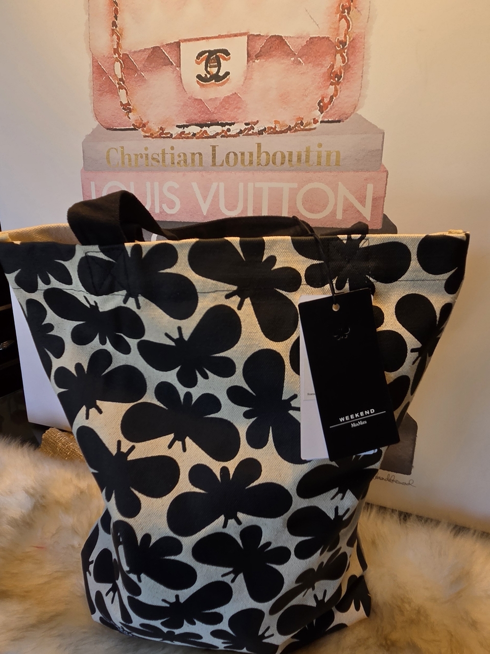 Weekend Max Mara Black & White Floral Canvas Tote